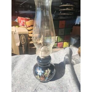 Vintage Kaadan LTD Black Floral Design Glass Oil Lamp 15.5"